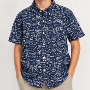 GapKids Button Down Shirt Kids M Blue Shark Print Short Sleeve Nautical Casual
